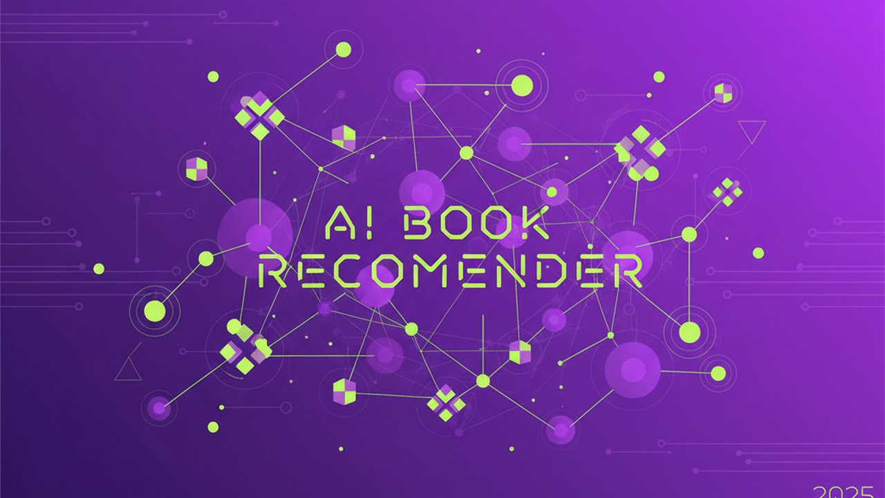 Abstract electric violet and neon lime cover illustration for the AI Book Recommender project (2023), showing abstract neural web with pulsing embedding clusters.