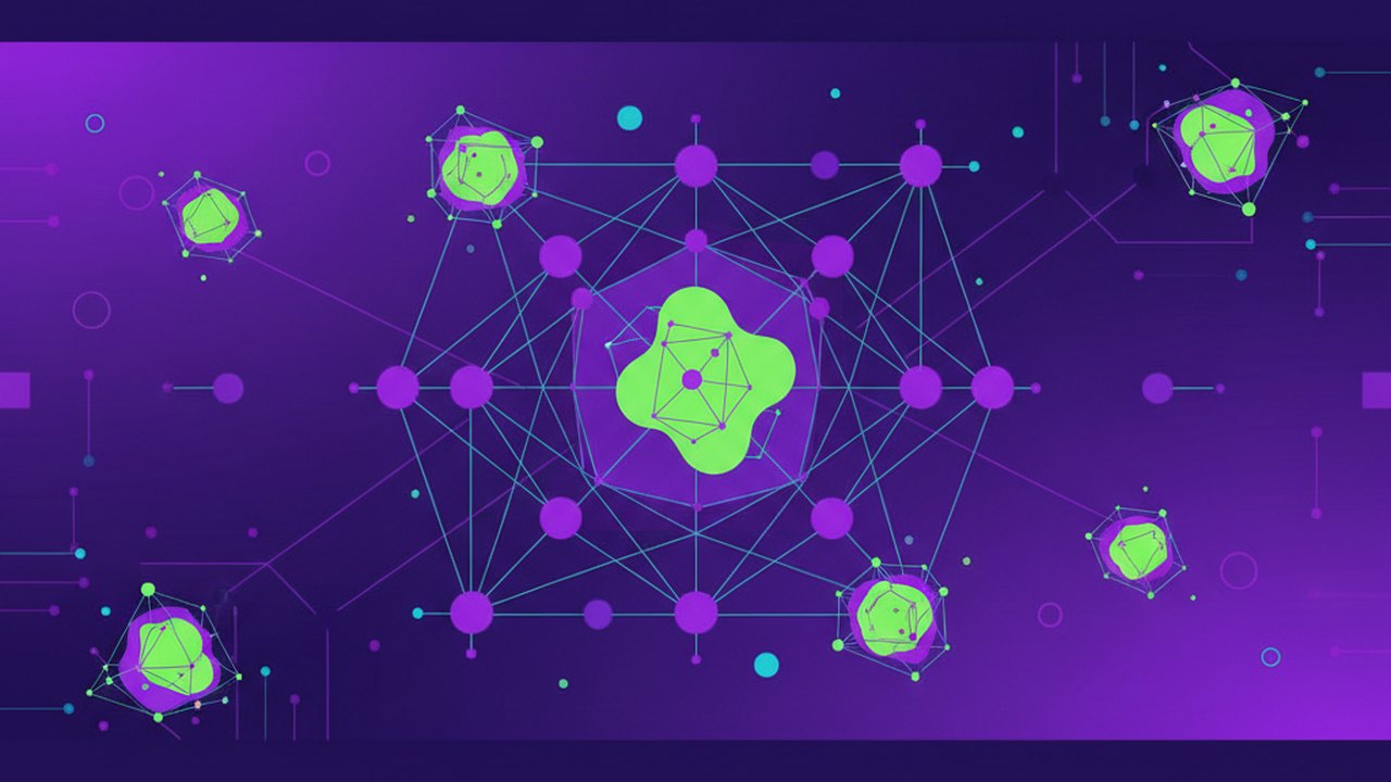 Abstract electric violet and neon lime cover illustration for the AI Bug Triage Assistant project (2021), showing abstract neural web with pulsing embedding clusters.