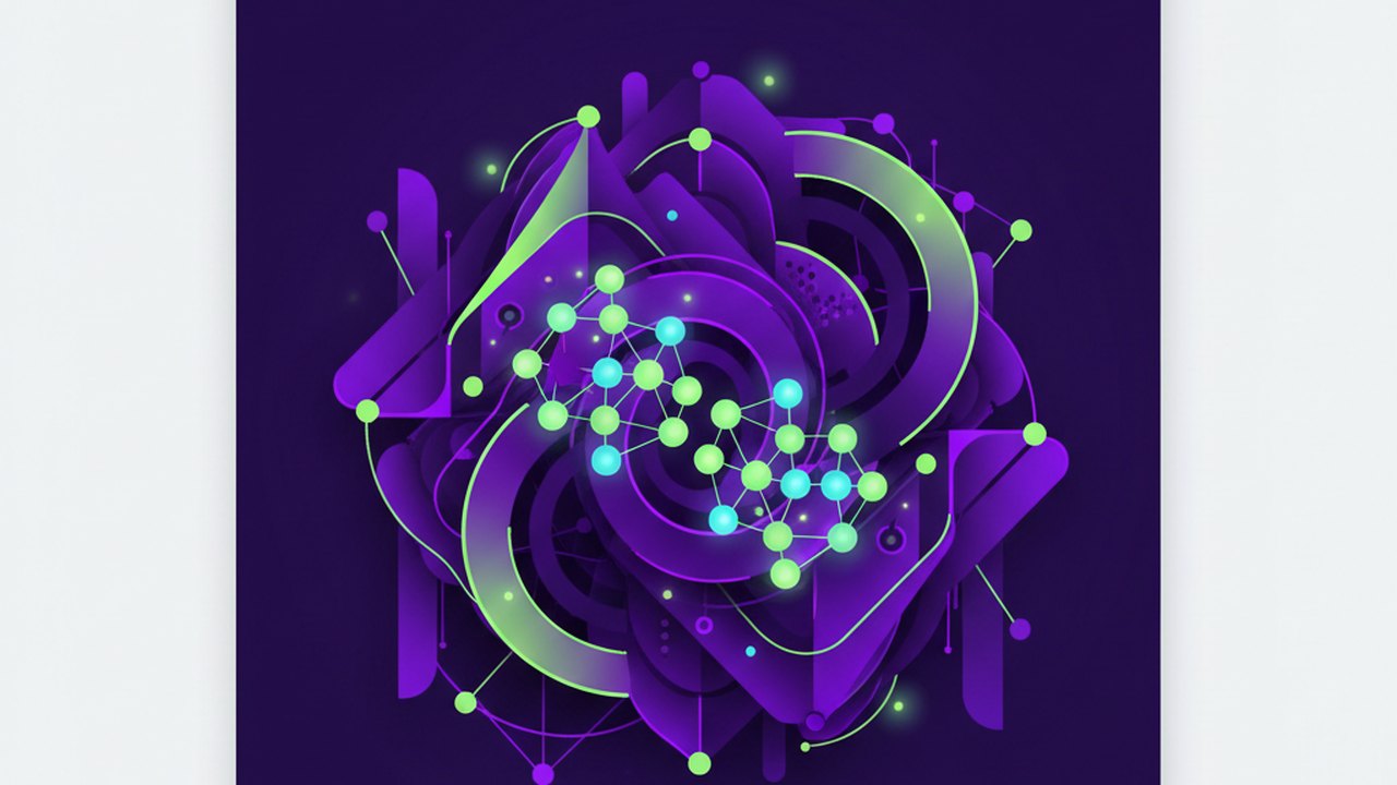 Abstract electric violet and neon lime cover illustration for the AI Bug Triage Assistant project (2023), showing abstract neural web with pulsing embedding clusters.