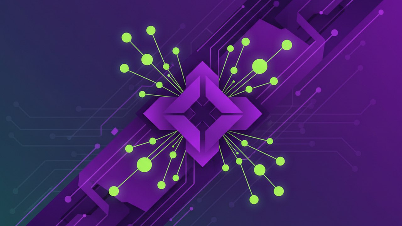 Abstract electric violet and neon lime cover illustration for the AI Career Coach Chatbot project (2019), showing abstract neural web with pulsing embedding clusters.