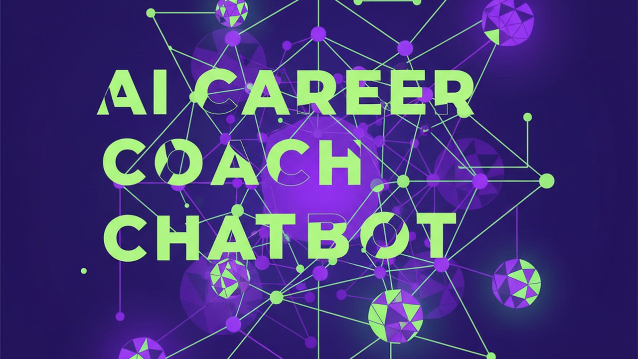 Abstract electric violet and neon lime cover illustration for the AI Career Coach Chatbot project (2023), showing abstract neural web with pulsing embedding clusters.