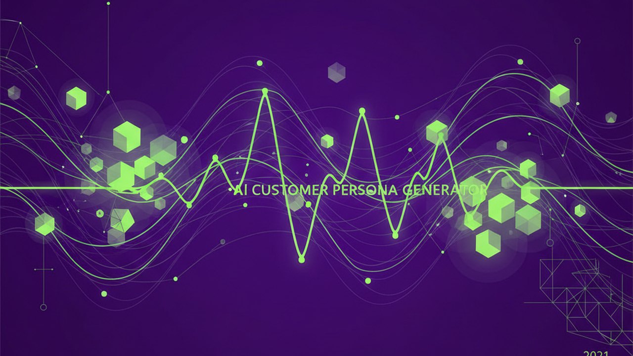 Abstract electric violet and neon lime cover illustration for the AI Customer Persona Generator project (2021), showing abstract neural web with pulsing embedding clusters.