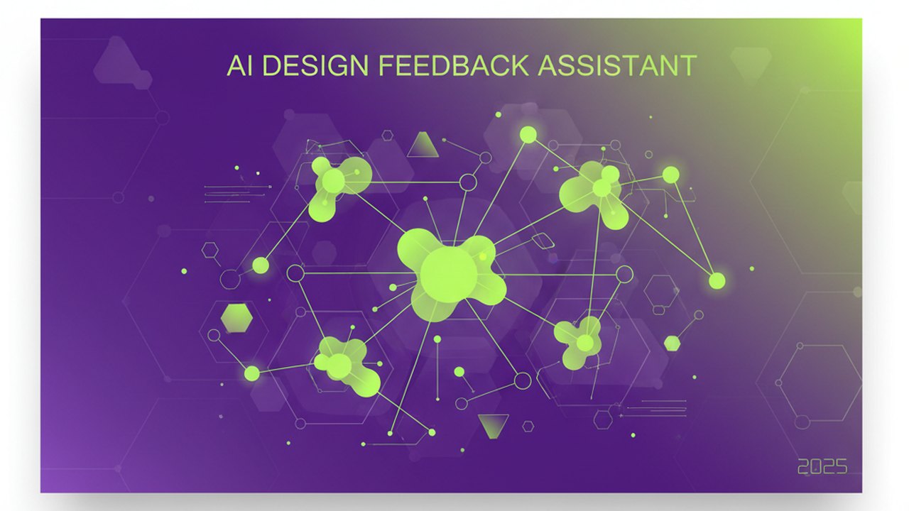 Abstract electric violet and neon lime cover illustration for the AI Design Feedback Assistant project (2023), showing abstract neural web with pulsing embedding clusters.