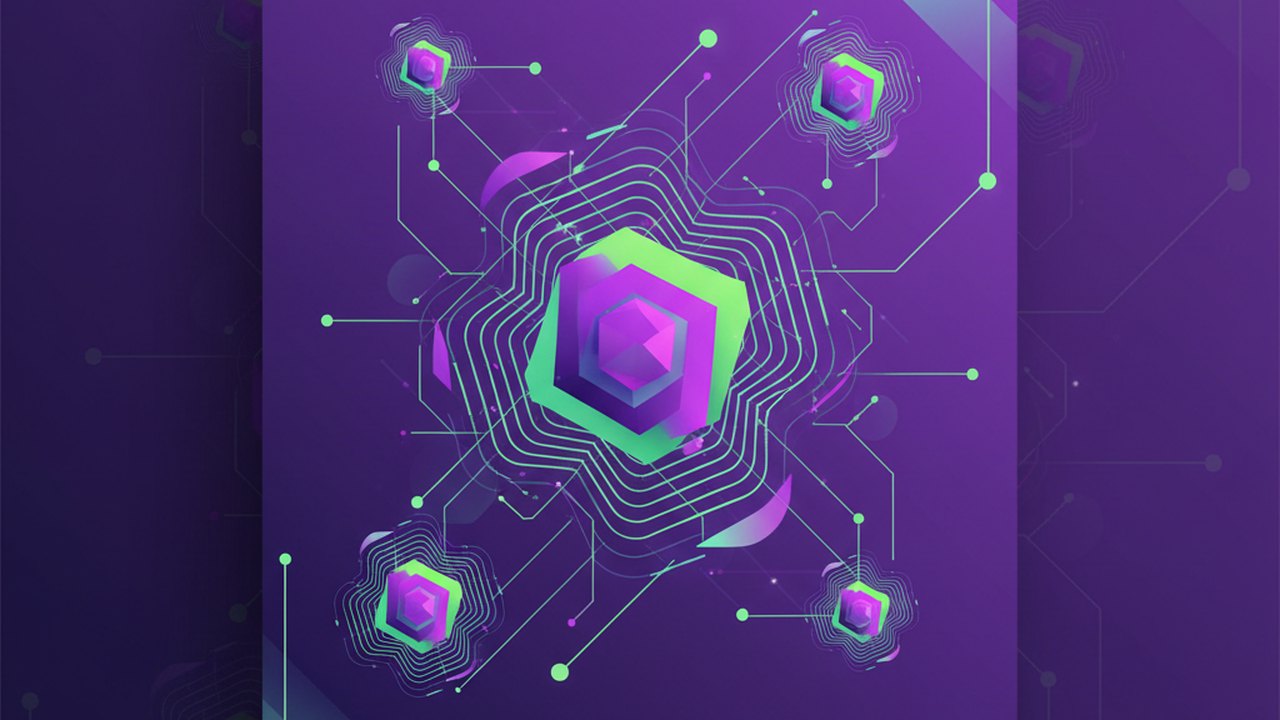 Abstract electric violet and neon lime cover illustration for the AI Fitness Plan Generator project (2023), showing abstract neural web with pulsing embedding clusters.