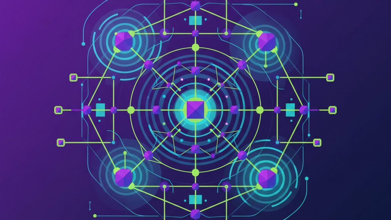 Abstract electric violet and neon lime cover illustration for the AI Grant Writing Assistant project (2023), showing abstract neural web with pulsing embedding clusters.
