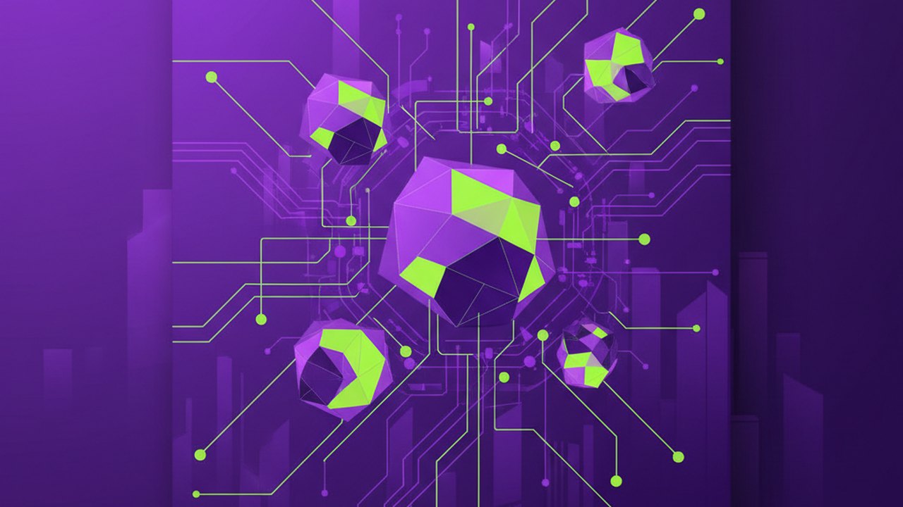 Abstract electric violet and neon lime cover illustration for the AI Interview Prep Coach project (2023), showing abstract neural web with pulsing embedding clusters.