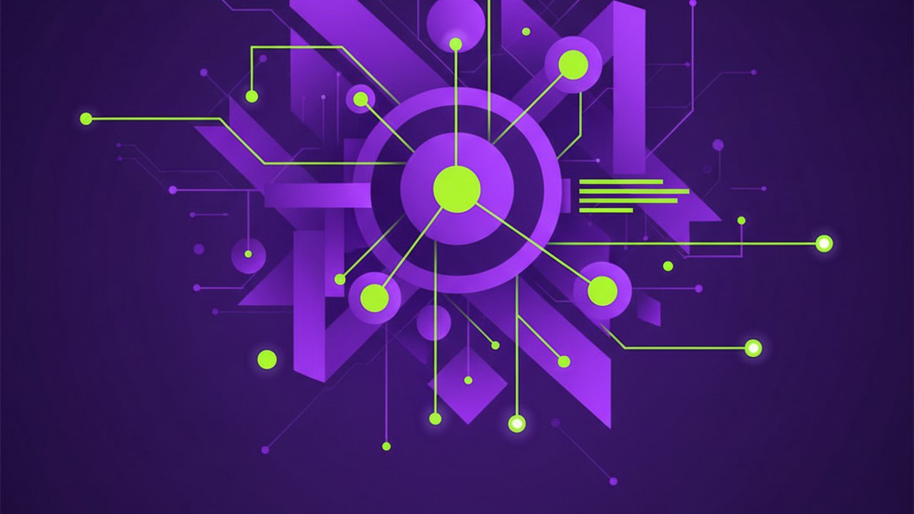 Abstract electric violet and neon lime cover illustration for the AI Legal Contract Reviewer project (2019), showing abstract neural web with pulsing embedding clusters.