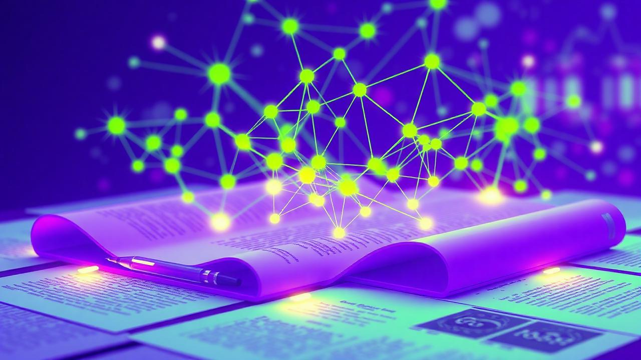 Abstract electric violet and neon lime cover illustration for the AI Legal Contract Reviewer project (2023), showing abstract neural web with pulsing embedding clusters.