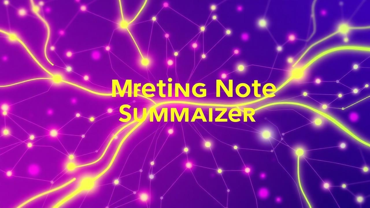Abstract electric violet and neon lime cover illustration for the AI Meeting Note Summarizer project (2023), showing abstract neural web with pulsing embedding clusters.