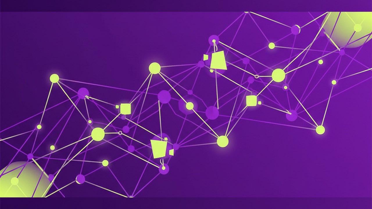 Abstract electric violet and neon lime cover illustration for the AI Meeting Scheduler project (2023), showing abstract neural web with pulsing embedding clusters.