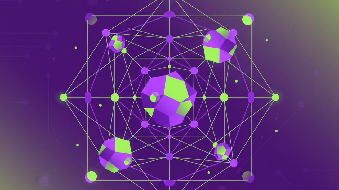 Abstract electric violet and neon lime cover illustration for the AI Personal Finance Coach project (2019), showing abstract neural web with pulsing embedding clusters.