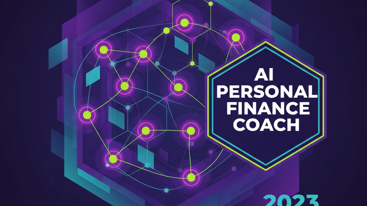 Abstract electric violet and neon lime cover illustration for the AI Personal Finance Coach project (2023), showing abstract neural web with pulsing embedding clusters.