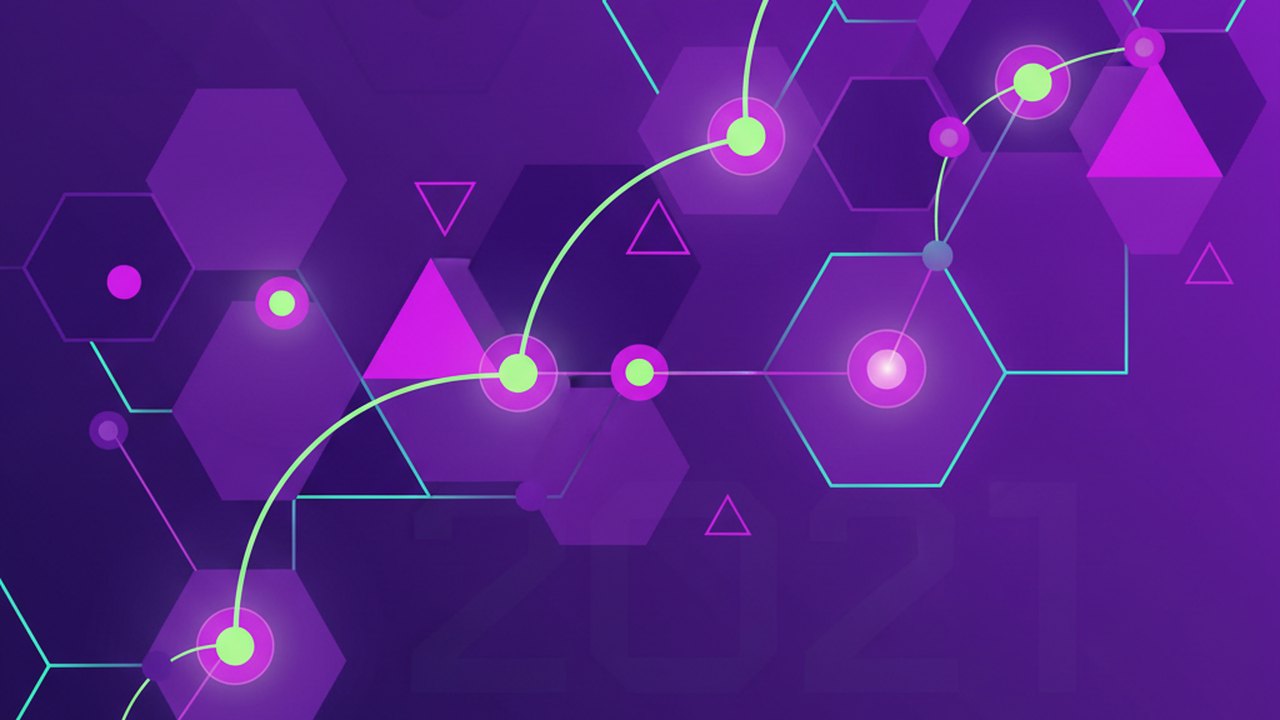 Abstract electric violet and neon lime cover illustration for the AI Podcast Show Notes Generator project (2021), showing abstract neural web with pulsing embedding clusters.