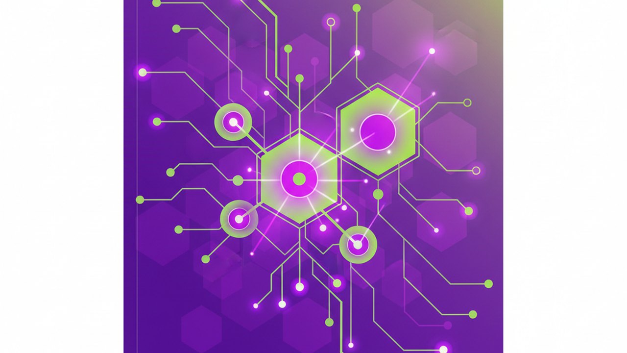 Abstract electric violet and neon lime cover illustration for the AI Podcast Show Notes Generator project (2023), showing abstract neural web with pulsing embedding clusters.