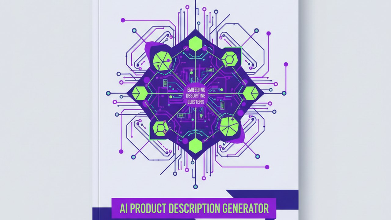 Abstract electric violet and neon lime cover illustration for the AI Product Description Generator project (2019), showing abstract neural web with pulsing embedding clusters.