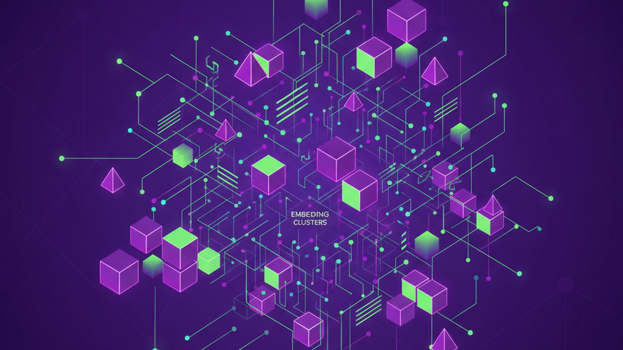 Abstract electric violet and neon lime cover illustration for the AI Product Description Generator project (2023), showing abstract neural web with pulsing embedding clusters.