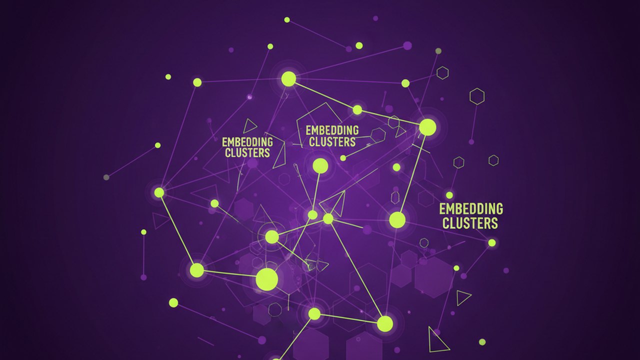Abstract electric violet and neon lime cover illustration for the AI Product Roadmap Assistant project (2019), showing abstract neural web with pulsing embedding clusters.