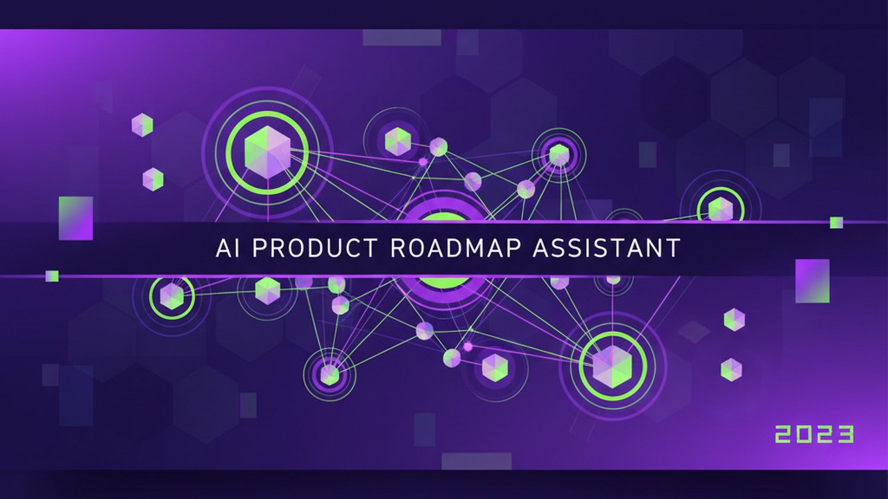 Abstract electric violet and neon lime cover illustration for the AI Product Roadmap Assistant project (2023), showing abstract neural web with pulsing embedding clusters.