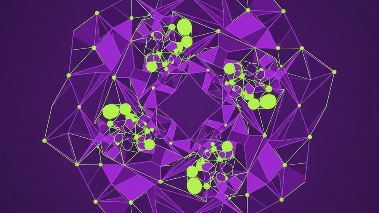 Abstract electric violet and neon lime cover illustration for the AI Real Estate Chatbot project (2023), showing abstract neural web with pulsing embedding clusters.
