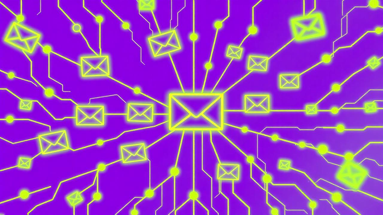 Abstract electric violet and neon lime cover illustration for the AI Sales Email Writer project (2019), showing abstract neural web with pulsing embedding clusters.