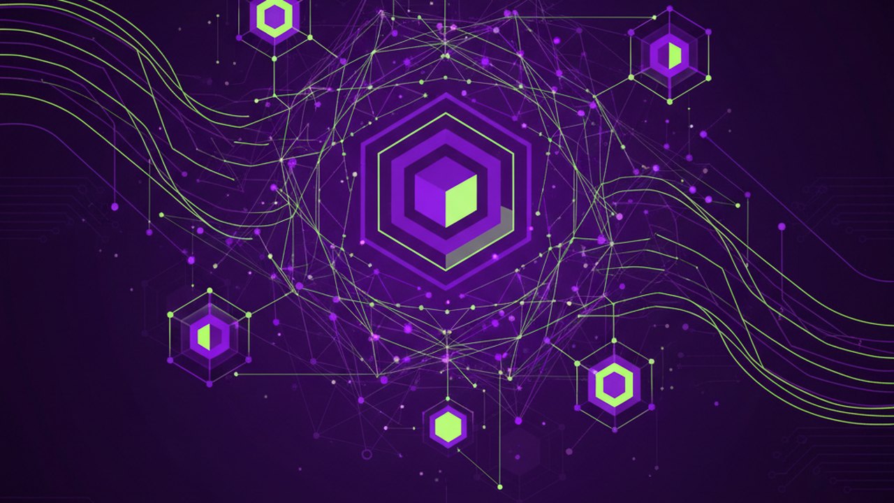 Abstract electric violet and neon lime cover illustration for the AI Support Macro Generator project (2023), showing abstract neural web with pulsing embedding clusters.