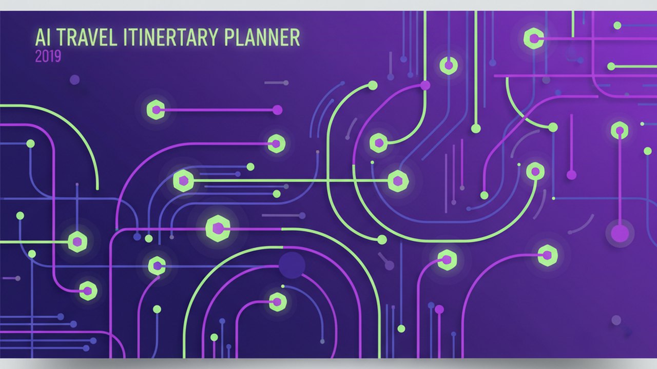 Abstract electric violet and neon lime cover illustration for the AI Travel Itinerary Planner project (2019), showing abstract neural web with pulsing embedding clusters.