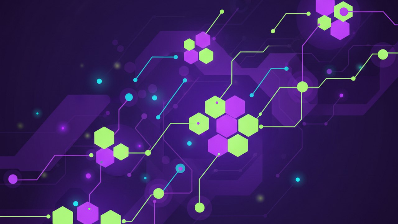 Abstract electric violet and neon lime cover illustration for the AI YouTube Script Writer project (2019), showing abstract neural web with pulsing embedding clusters.