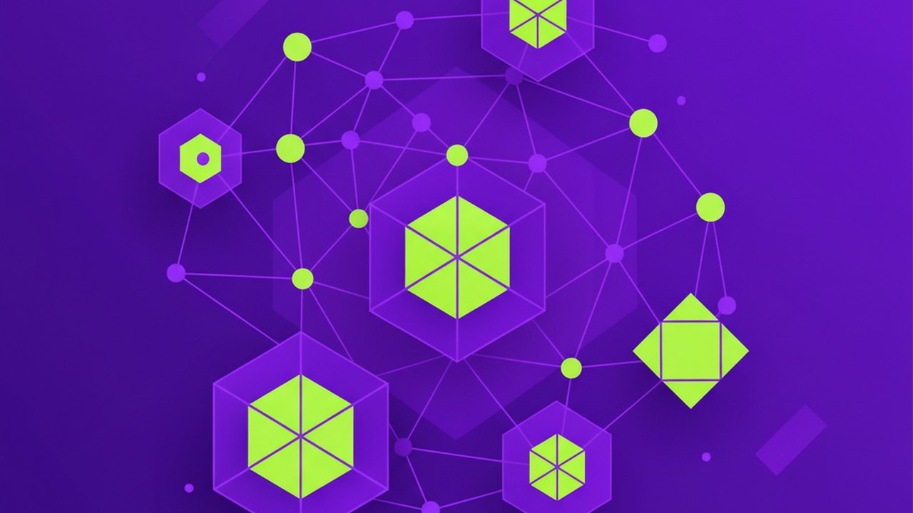 Abstract electric violet and neon lime cover illustration for the AI YouTube Script Writer project (2023), showing abstract neural web with pulsing embedding clusters.