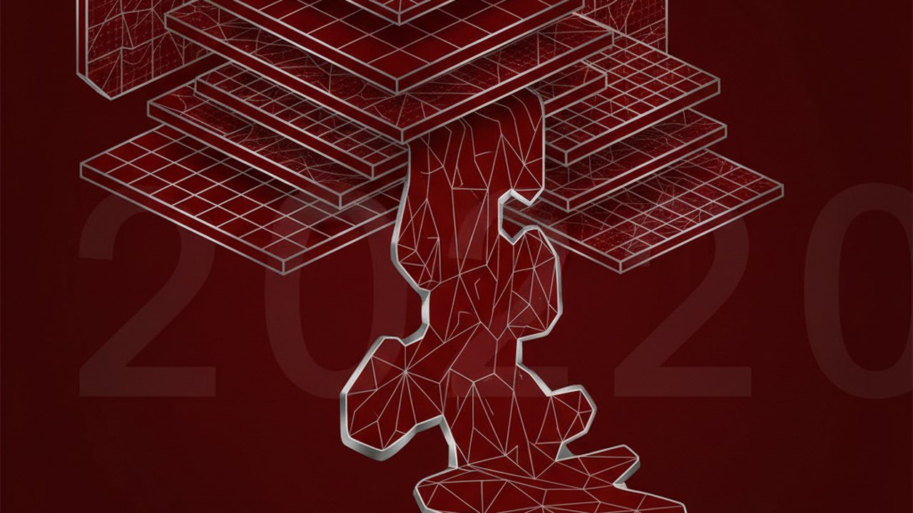 Abstract deep crimson and platinum silver cover illustration for the Anomaly Detection for Sensors project (2020), showing layered convolutional filters cascading into activation maps.