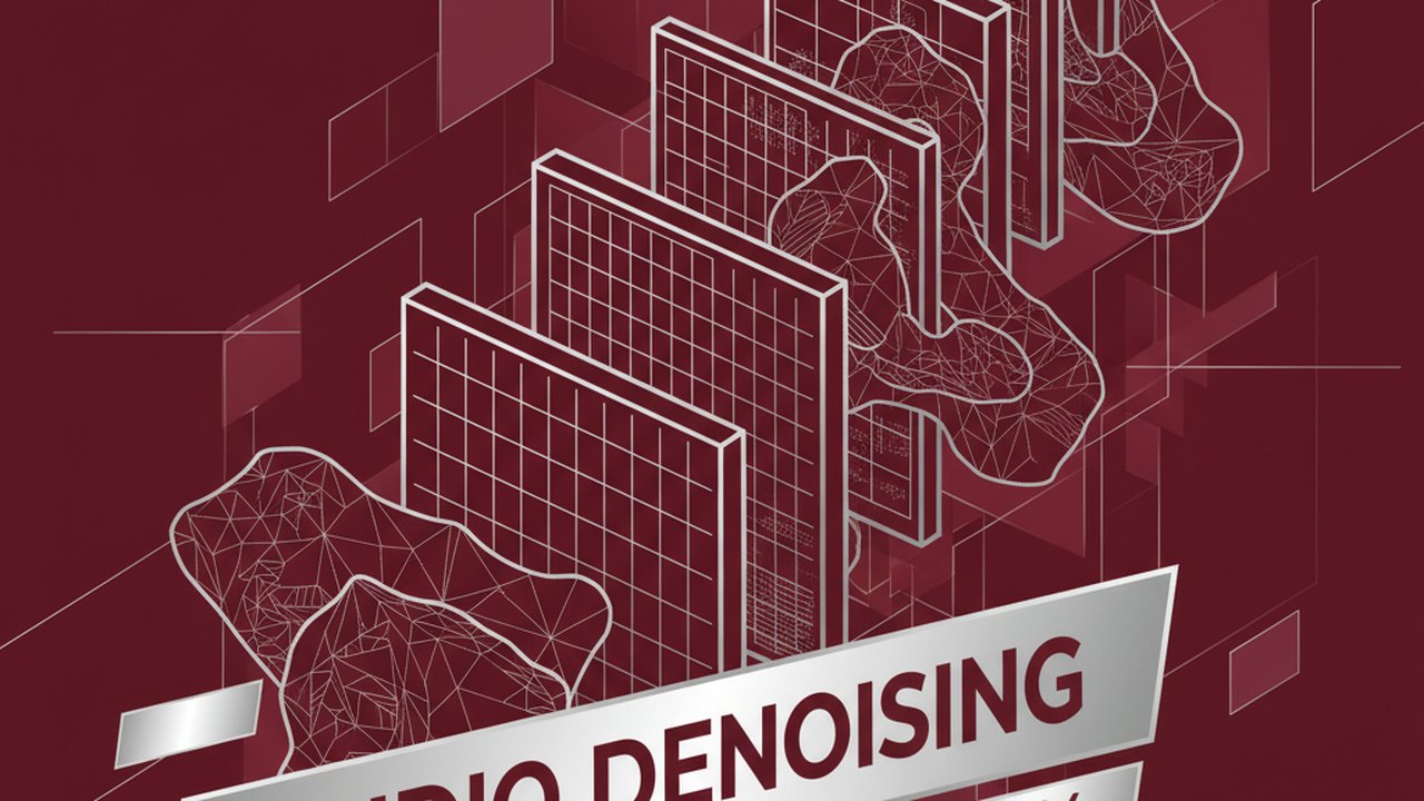 Abstract deep crimson and platinum silver cover illustration for the Audio Denoising project (2024), showing layered convolutional filters cascading into activation maps.