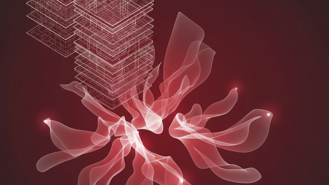 Abstract deep crimson and platinum silver cover illustration for the Chest X-Ray Anomaly Detector project (2020), showing layered convolutional filters cascading into activation maps.