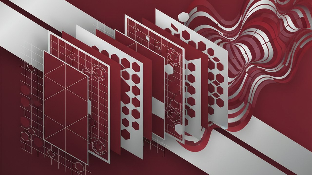 Abstract deep crimson and platinum silver cover illustration for the Deepfake Detection project (2022), showing layered convolutional filters cascading into activation maps.