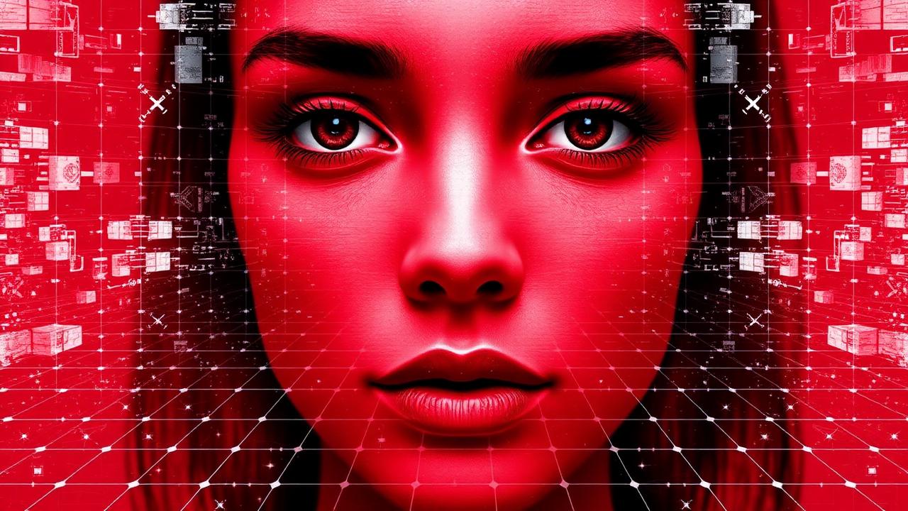 Abstract deep crimson and platinum silver cover illustration for the Facial Expression Recognition project (2022), showing layered convolutional filters cascading into activation maps.