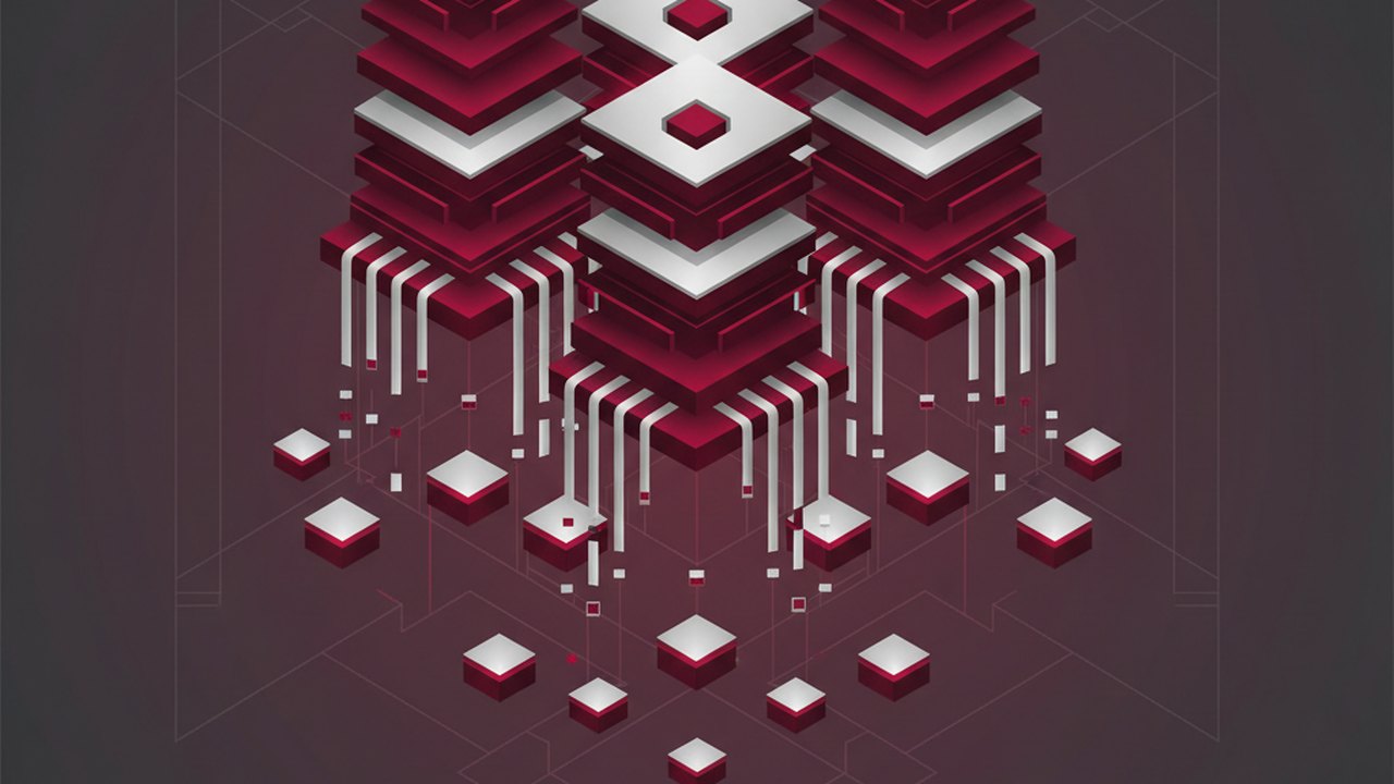 Abstract deep crimson and platinum silver cover illustration for the Handwritten Digit Recognizer project (2020), showing layered convolutional filters cascading into activation maps.