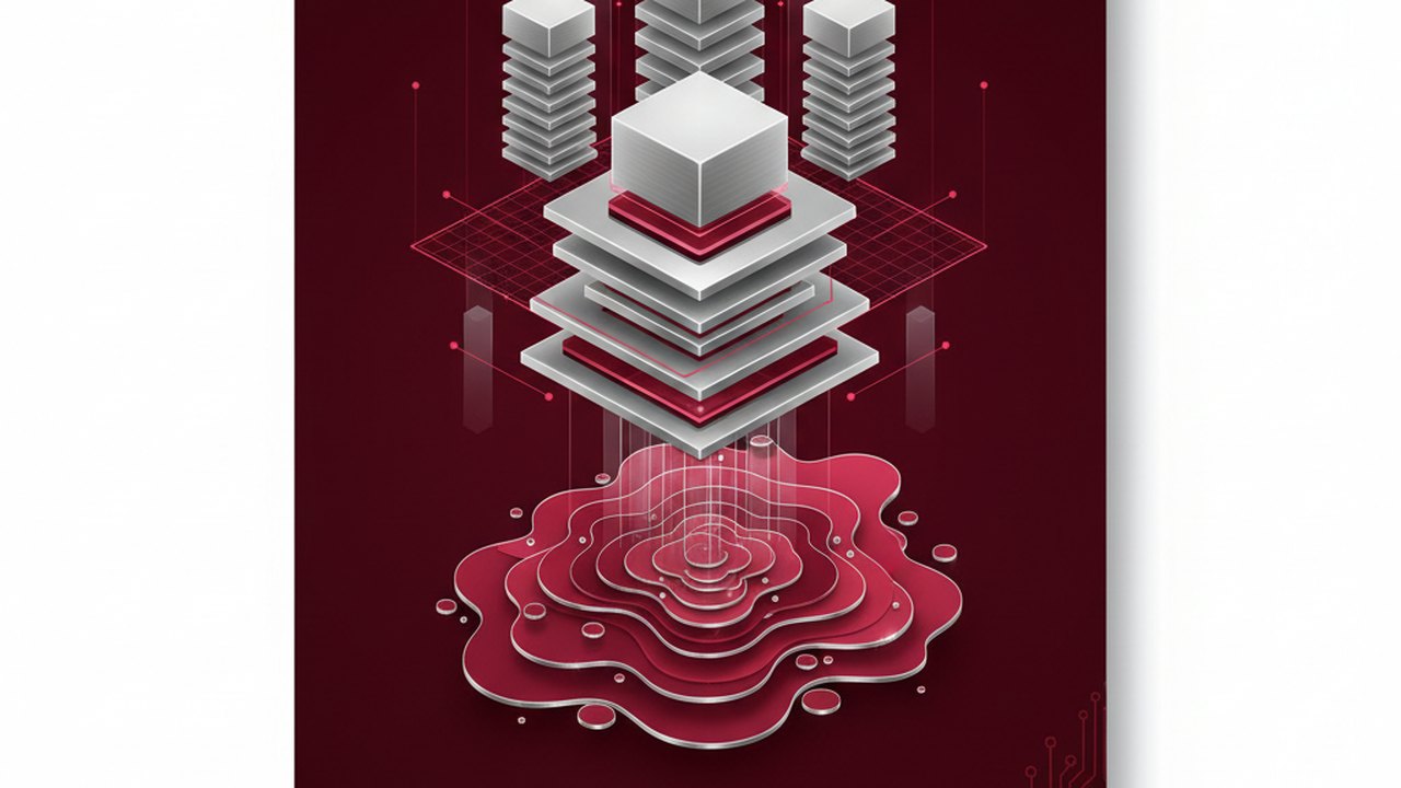 Abstract deep crimson and platinum silver cover illustration for the Image Classification for Retail Shelves project (2020), showing layered convolutional filters cascading into activation maps.