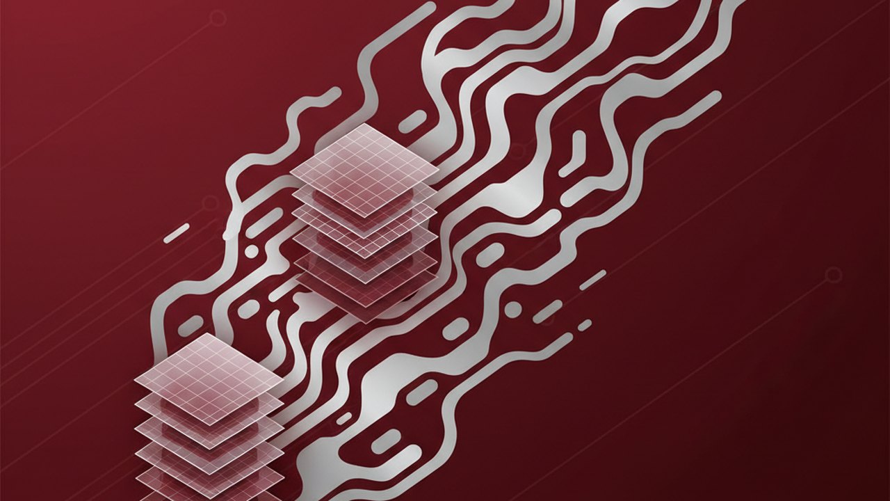Abstract deep crimson and platinum silver cover illustration for the Motion Capture from Webcam project (2024), showing layered convolutional filters cascading into activation maps.