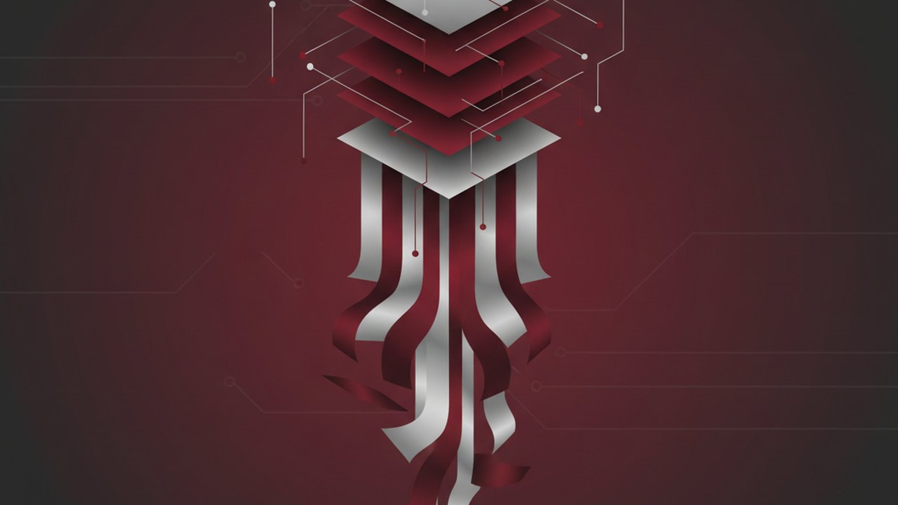 Abstract deep crimson and platinum silver cover illustration for the Music Genre Classifier project (2020), showing layered convolutional filters cascading into activation maps.