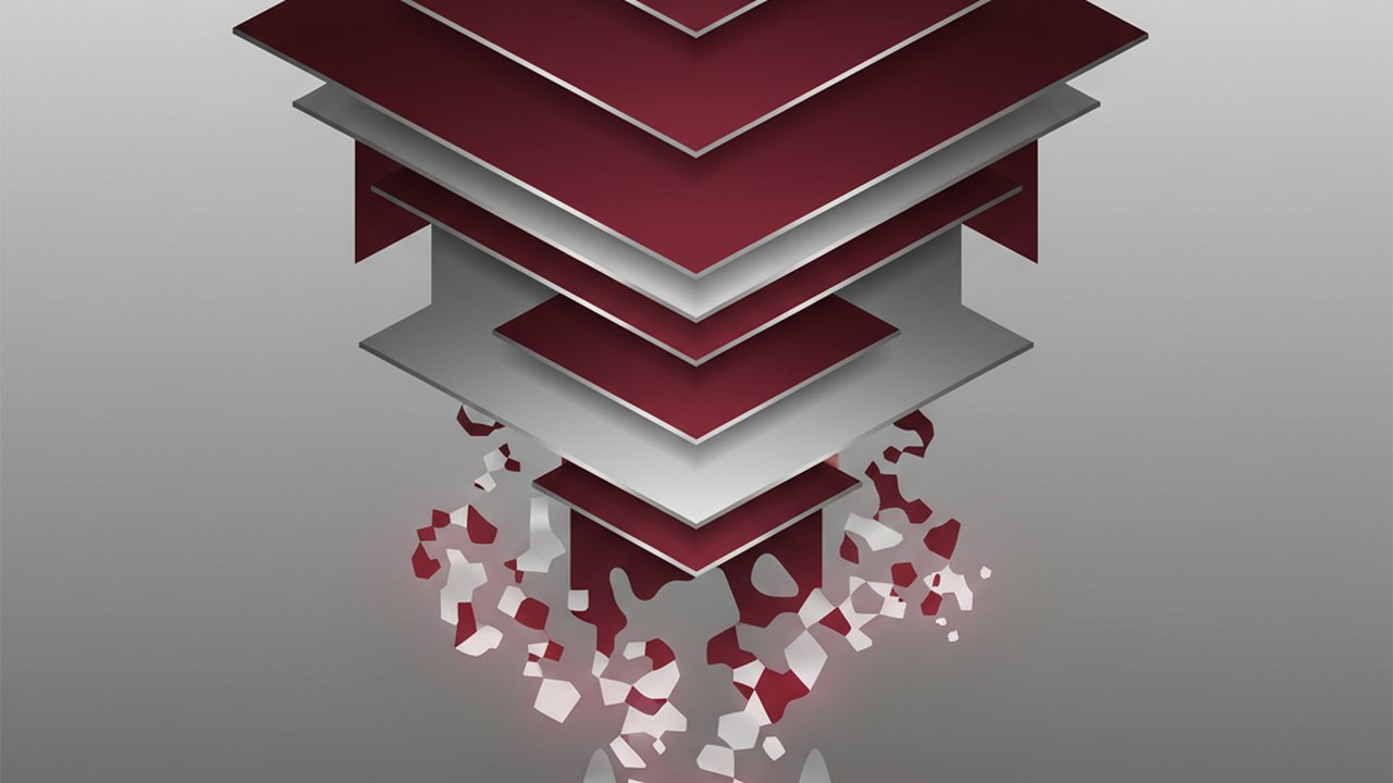 Abstract deep crimson and platinum silver cover illustration for the Music Genre Classifier project (2024), showing layered convolutional filters cascading into activation maps.