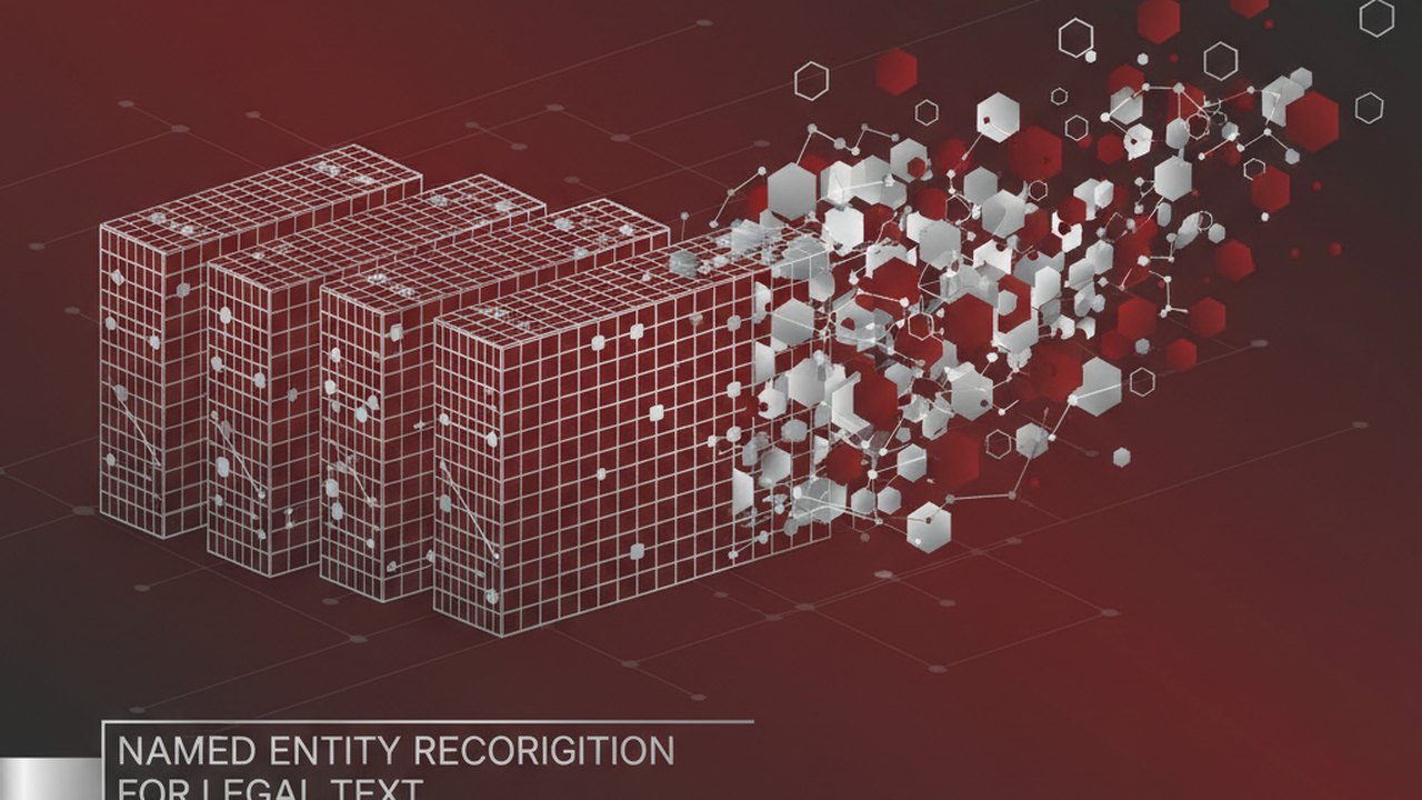 Abstract deep crimson and platinum silver cover illustration for the Named Entity Recognition for Legal Text project (2024), showing layered convolutional filters cascading into activation maps.