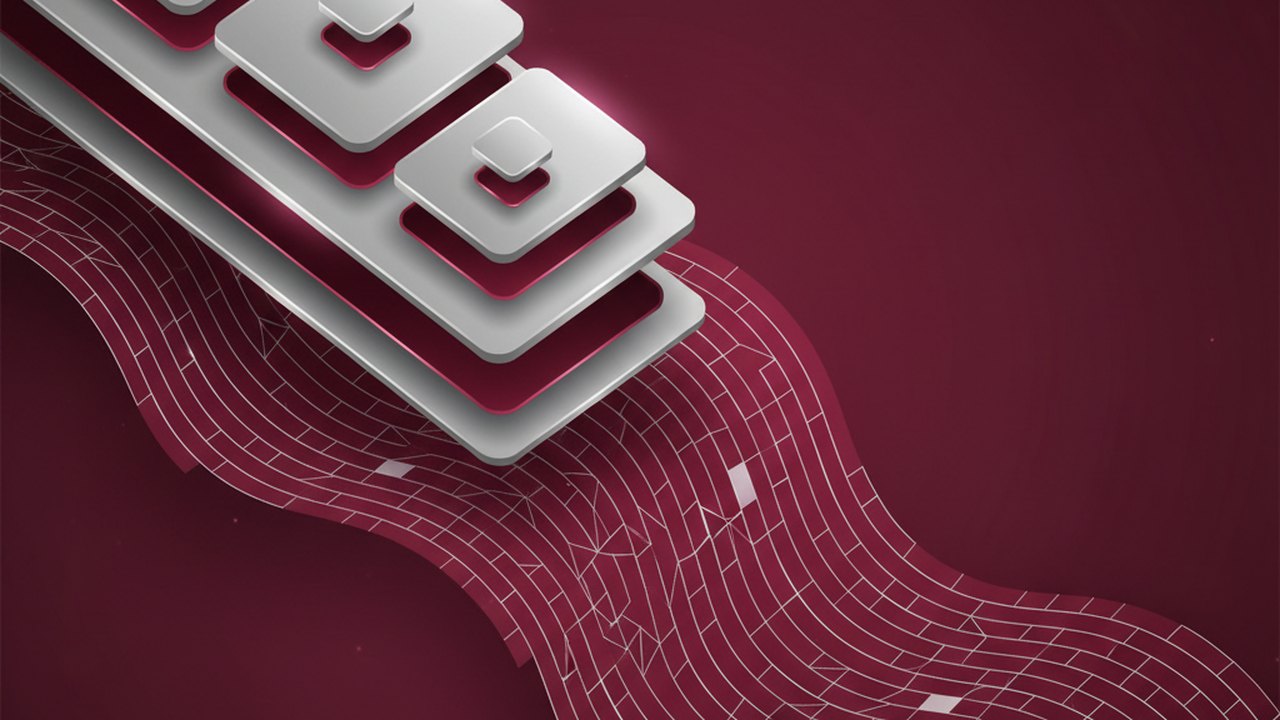 Abstract deep crimson and platinum silver cover illustration for the Neural Machine Translation project (2020), showing layered convolutional filters cascading into activation maps.