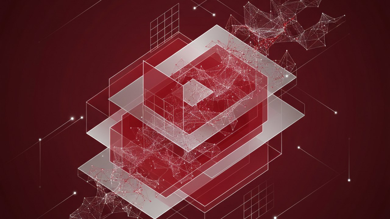 Abstract deep crimson and platinum silver cover illustration for the OCR for Handwritten Notes project (2024), showing layered convolutional filters cascading into activation maps.