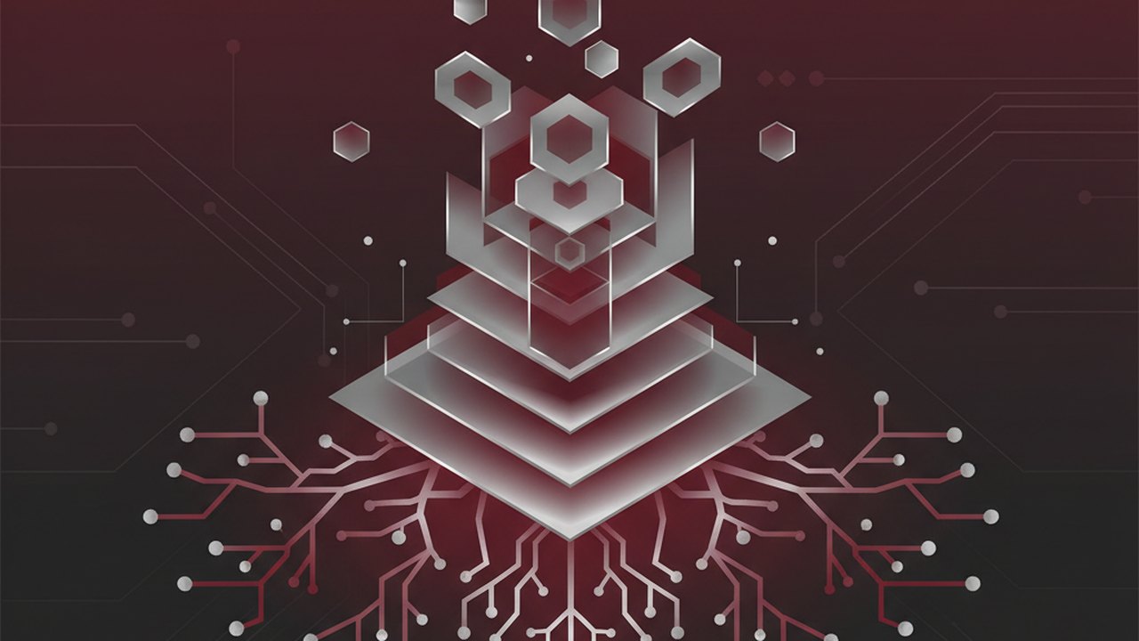 Abstract deep crimson and platinum silver cover illustration for the Plant Disease Detector project (2022), showing layered convolutional filters cascading into activation maps.