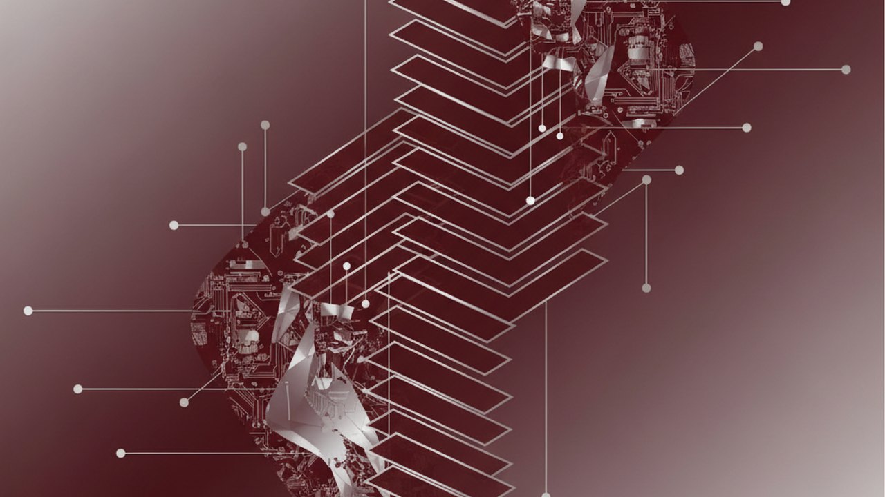 Abstract deep crimson and platinum silver cover illustration for the Plant Disease Detector project (2024), showing layered convolutional filters cascading into activation maps.