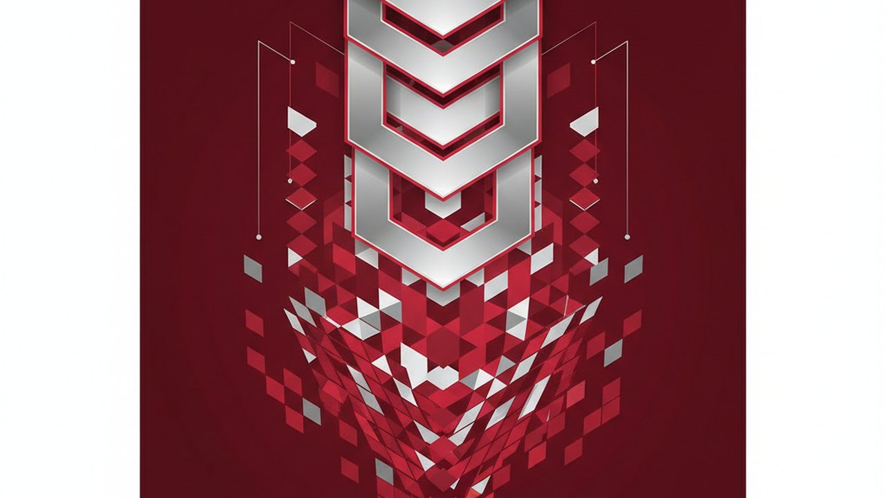 Abstract deep crimson and platinum silver cover illustration for the Question Answering on Wikipedia project (2022), showing layered convolutional filters cascading into activation maps.