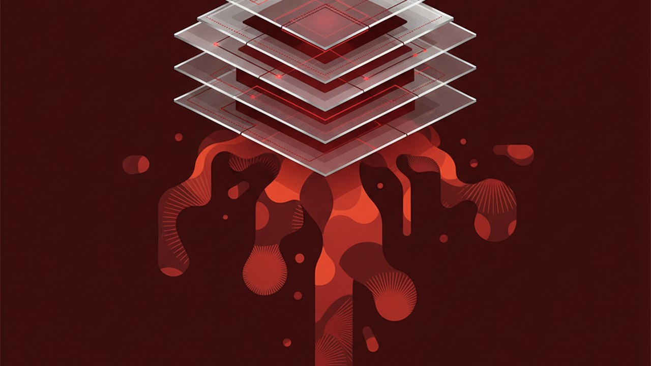 Abstract deep crimson and platinum silver cover illustration for the Recommendation System with Deep Learning project (2024), showing layered convolutional filters cascading into activation maps.