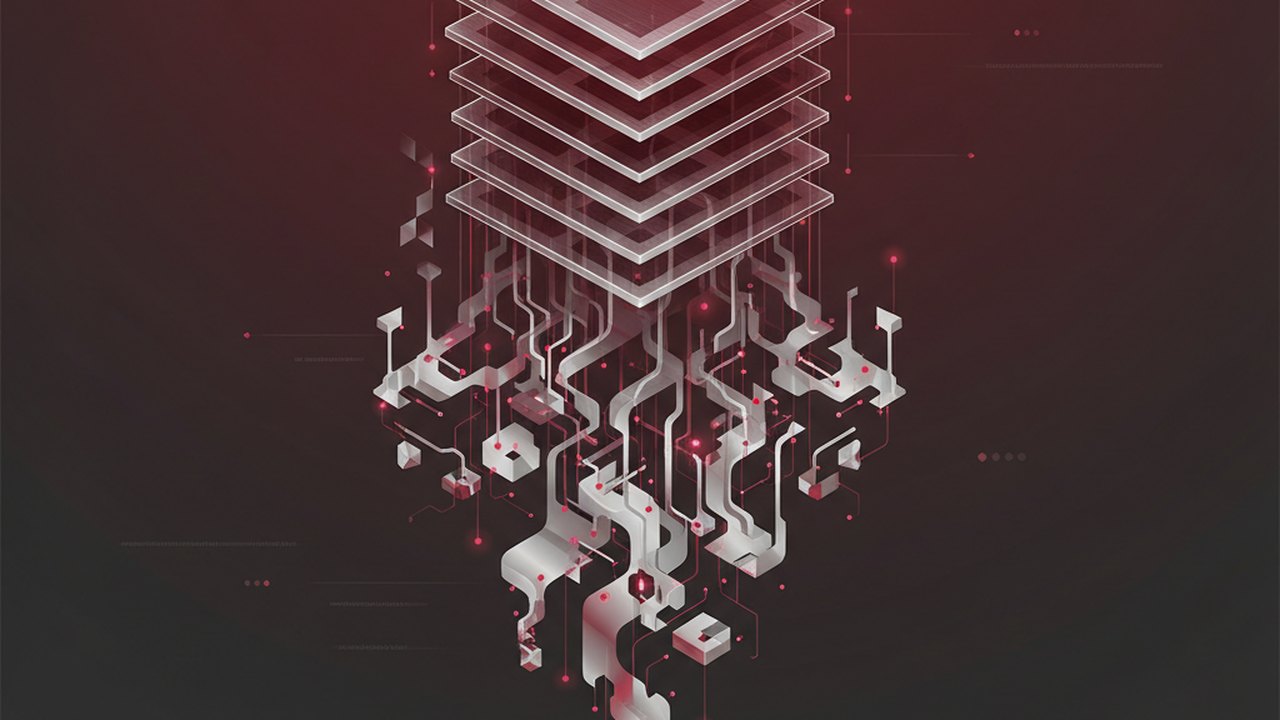 Abstract deep crimson and platinum silver cover illustration for the Sentiment Analysis for Reviews project (2024), showing layered convolutional filters cascading into activation maps.