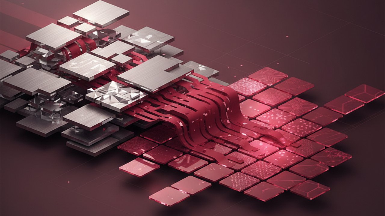 Abstract deep crimson and platinum silver cover illustration for the Speech-to-Text for Regional Languages project (2020), showing layered convolutional filters cascading into activation maps.