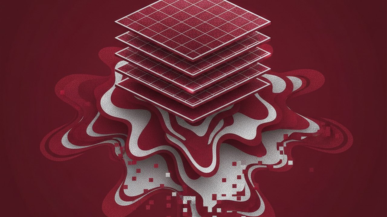 Abstract deep crimson and platinum silver cover illustration for the Speech-to-Text for Regional Languages project (2024), showing layered convolutional filters cascading into activation maps.