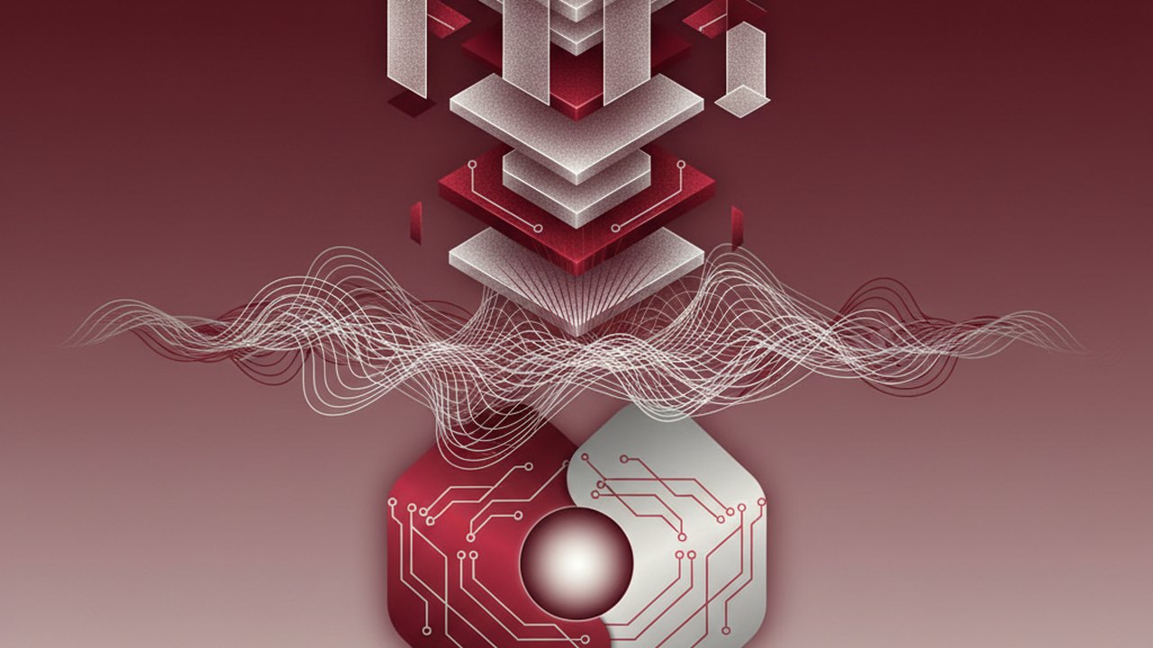 Abstract deep crimson and platinum silver cover illustration for the Style Transfer App project (2022), showing layered convolutional filters cascading into activation maps.
