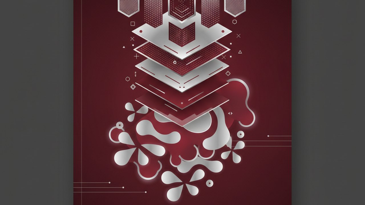 Abstract deep crimson and platinum silver cover illustration for the Style Transfer App project (2024), showing layered convolutional filters cascading into activation maps.